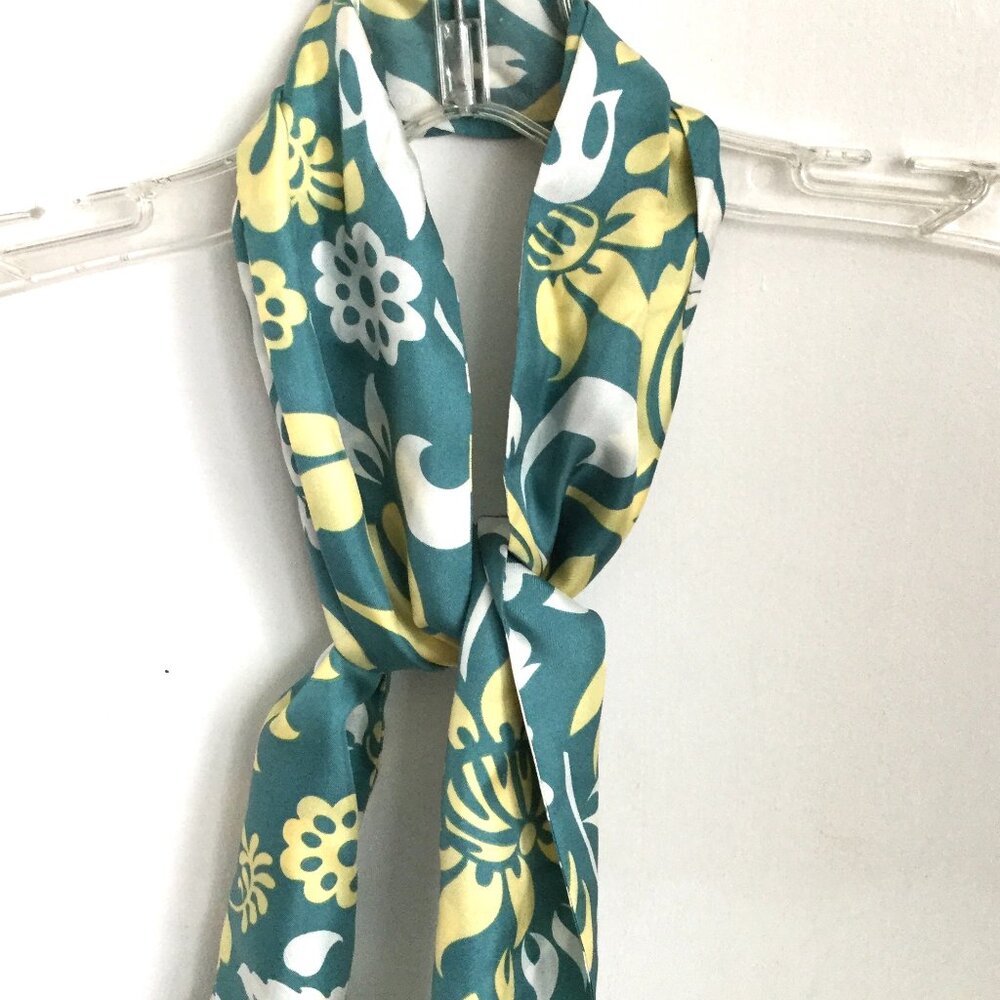 GAP Long Silk Block Print Botanical Floral Sky Blue Buttercup Scarf Necktie New
